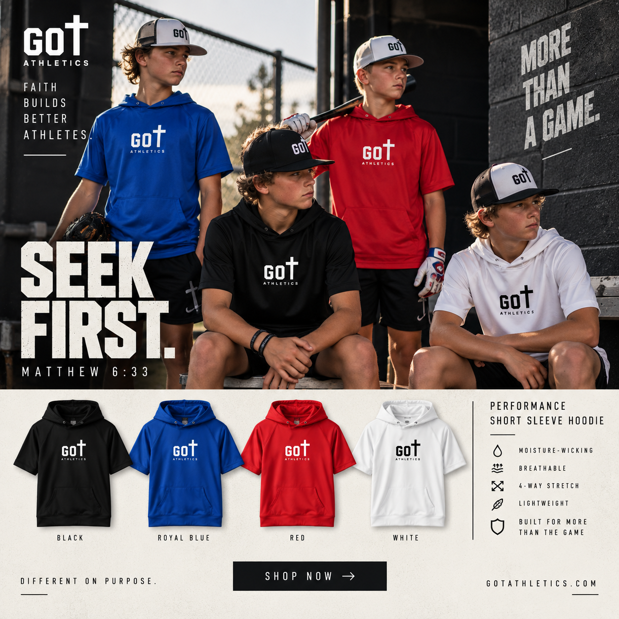 GOT Athletics short-sleeve performance hoodies shown in black, royal blue, red and white