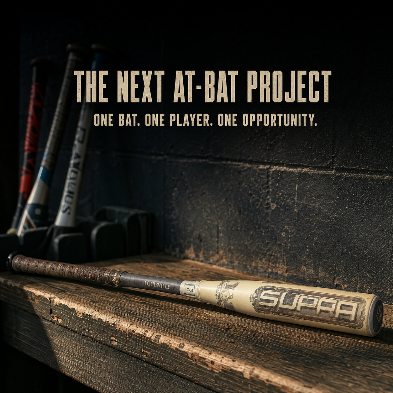 A game-used bat on a dugout bench for The Next At-Bat Project