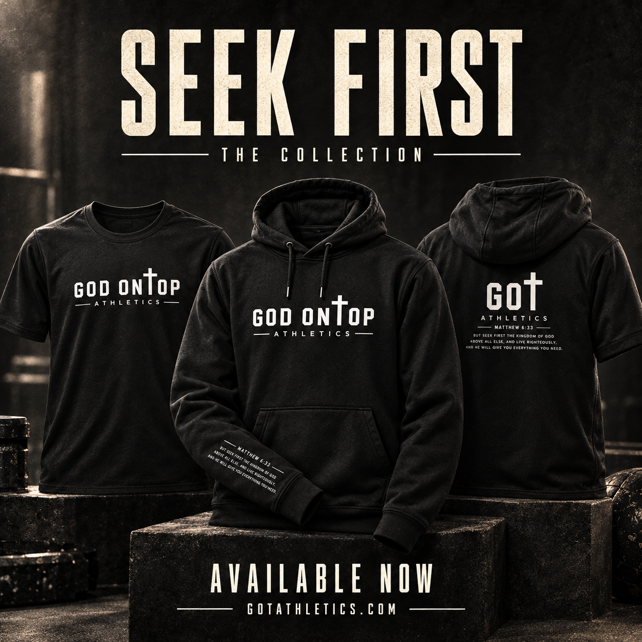 The Seek First Collection featuring the performance tee, performance hoodie and short-sleeve performance hoodie