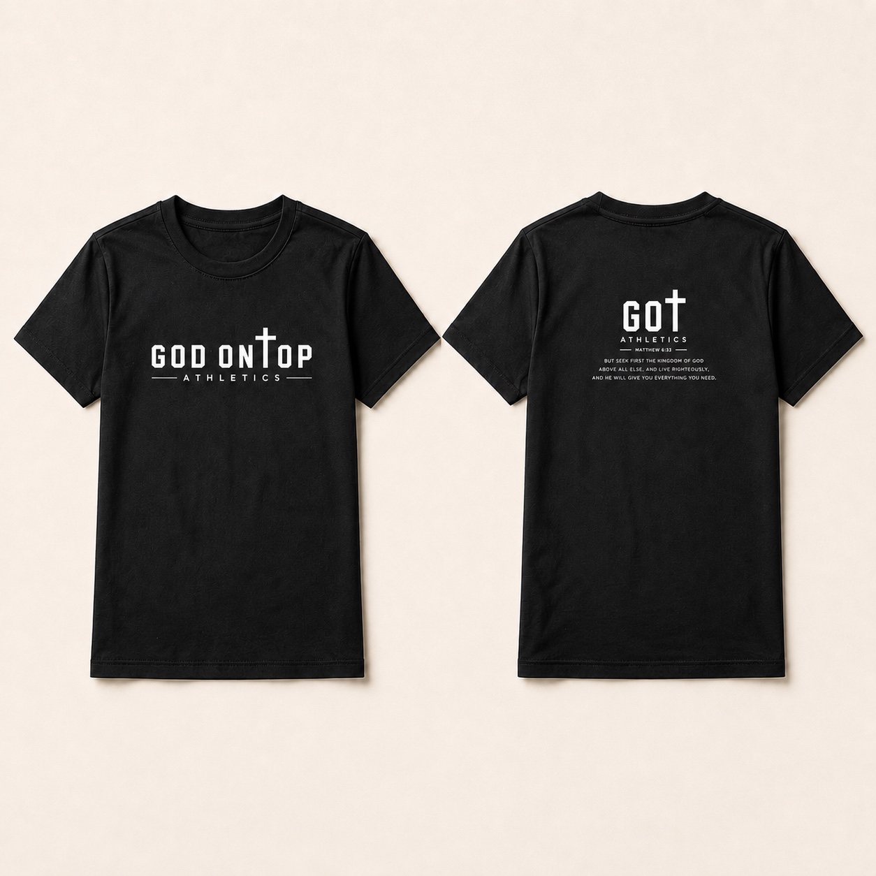 Front and back view of the black GOT Athletics Seek First T-shirt